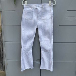 Loft High Waist Flare Cropped striped jeans fringe Hem Coastal cream & white 4